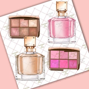May include: Two glass perfume bottles with gold caps and a gold and brown eyeshadow palette with six shades. The bottles are labeled "Feathers of Style".