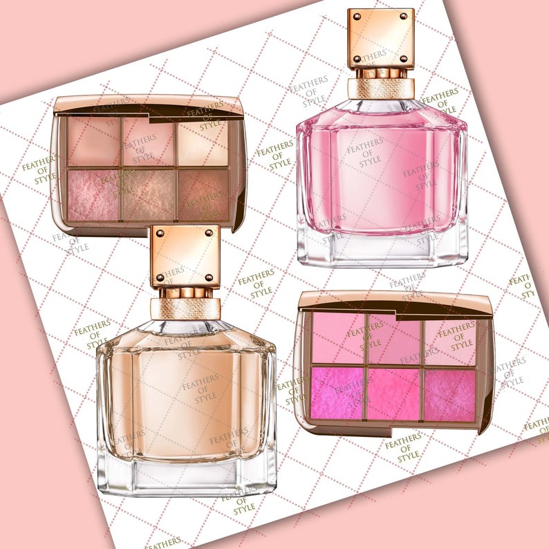 May include: Two glass perfume bottles with gold caps and a gold and brown eyeshadow palette with six shades. The bottles are labeled "Feathers of Style".