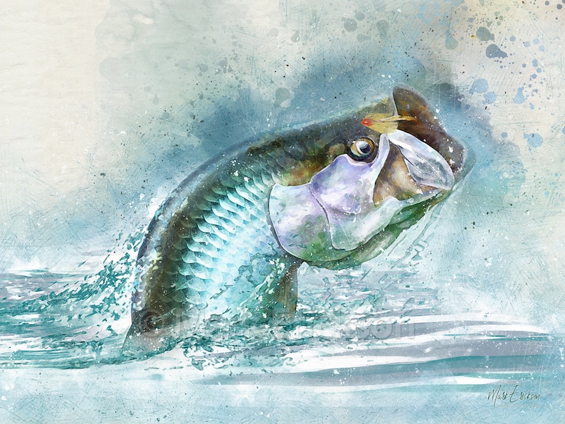 Tarpon fly fishing decor watercolor style tarpon art print
