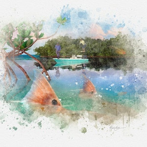Redfish tailing watercolor-style fishing art beach décor and coastal art. A great red drum fisherman gift and fishing decor.
