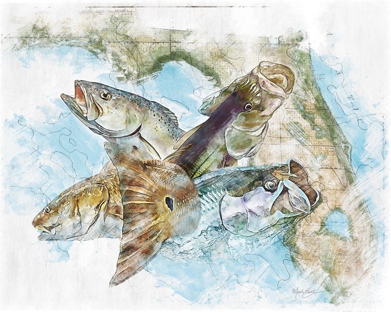 Fishing Art Print Gifts for Him Florida Inshore Grand Slam Wall Art  Featuring Tarpon Snook Redfish Trout Coastal Art Beach House 
