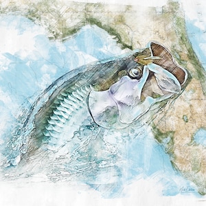 Tarpon wall décor fishing gift, tarpon on a vintage Florida map unique birthday gift for the tarpon fisherman, coastal décor, hand-signed