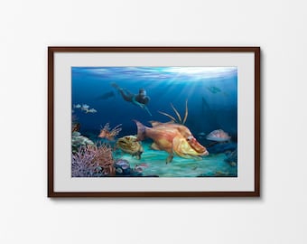 Hogfish spearfishing art print gift for a spearfisherman, Wide format spearfishing décor, Hog snapper wall art, Hogfish fishing art