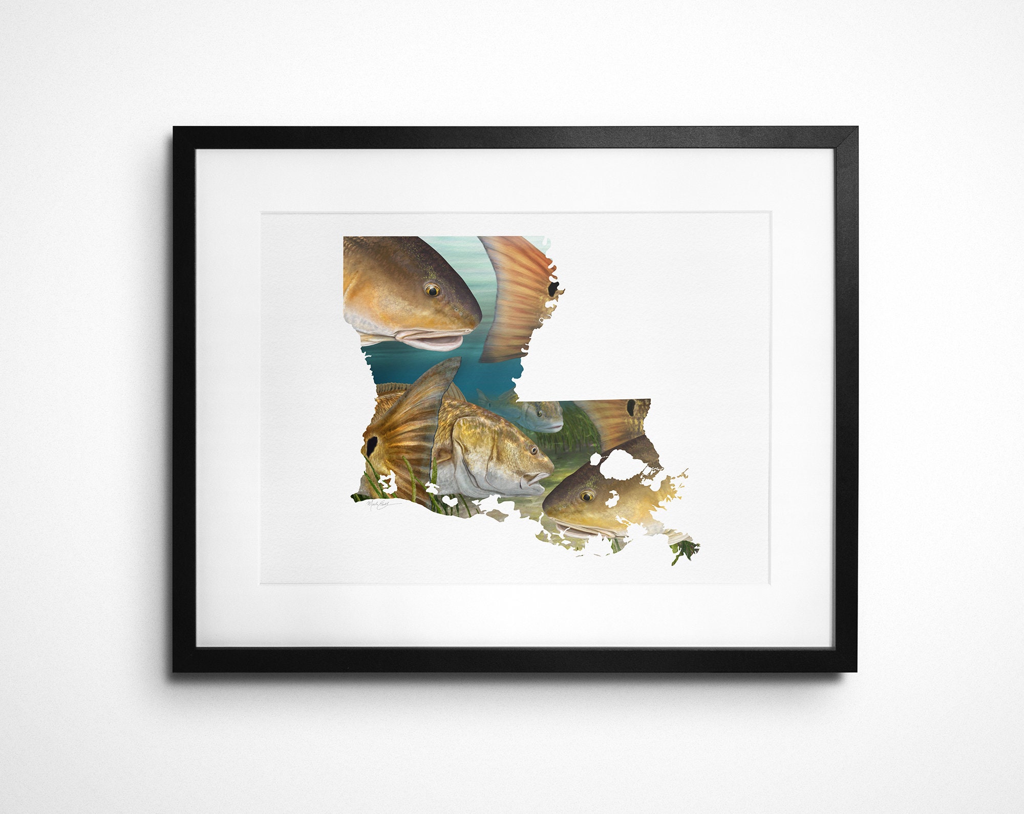 Louisiana Map Redfish Art Print Redfish Fisherman's Gift Etsy