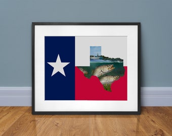 Speckled trout Texas map fisherman's gift art print wall decor for a Texas saltwater trout fisherman
