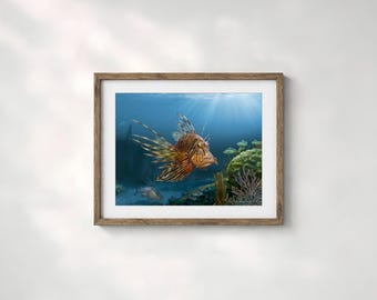 Lionfish art print beach house décor fish painting coastal decor, beach house wall art, fishing gift