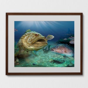 Grouper art print fishing gift for Dad, fishing decor for the deep sea fisherman. Great coastal home decor hand-signed by artist
