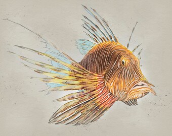 Lionfish art print fish camp and beach house wall art coastal decor, beach house wall art, fishing gift