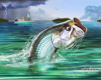 Tarpon art print fly fishing for tarpon wall décor gift for tarpon  fisherman Florida fish art beach decor hand-signed by the artist