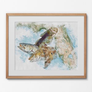 Inshore Florida fishing gulf slam art print gift, inshore slam wall décor, Snook, Redfish, Trout coastal wall art fish print, fishing gift