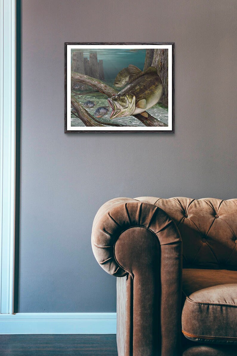 May include: A framed print of a largemouth bass with its mouth open, as if it is about to catch a smaller fish. The bass is swimming in a murky green water with a log in the background.