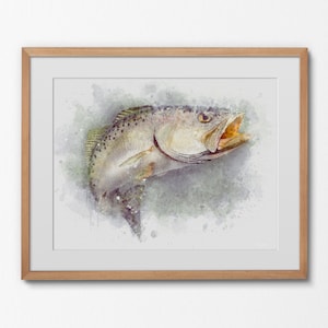 Speckled trout art print fishing gift featuring a watercolor-style digitally painted seatrout. Fisherman&#39;s gift, hand-signed by the artist