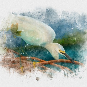 Egret watercolor bird art print, bird decor