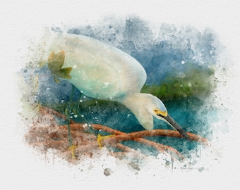 Egret watercolor bird art print, bird decor