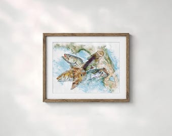 Florida inshore grand slam tarpon snook redfish trout art print gift for a fisherman