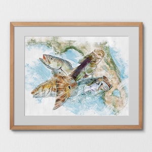Fishing art print gifts for him. Florida inshore grand slam wall art featuring Tarpon, Snook, Redfish and Trout - coastal art, hand signed