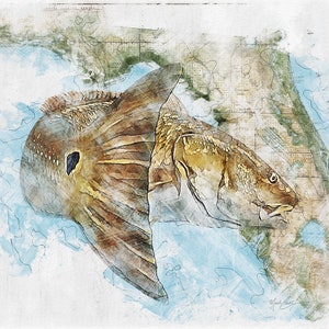 Redfish art print featuring a redfish on a Florida map. Florida fishing gifts beach wall art, Florida coastal décor, Father’s Day gift