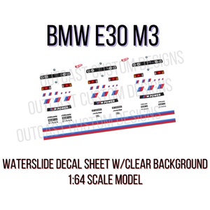 May include: Waterslide decal sheet for a 1:64 scale model of a BMW E30 M3. The decal sheet features a white background with blue, red, and black details. The decals include the BMW logo, M Power logo, and Dinan logos.