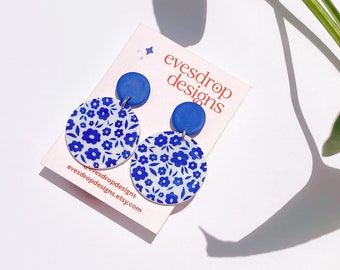 FINE CHINA EARRINGS - Blue & White Floral Pattern Handmade Polymer Clay Dangly Stud Earrings - Australian Made Jewellery