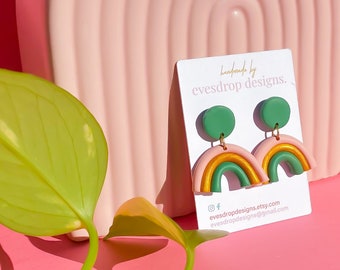 EMERALD RAINBOWS - Cute Polymer Clay Pink, Gold & Green Rainbow Handmade Polymer Clay Stud Drop Earrings - Australian Made Jewellery