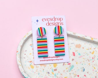 RAINBOW STRIPE EARRINGS (Rectangle) - Handmade Polymer Clay Dangle Studs - Australian Made Jewellery