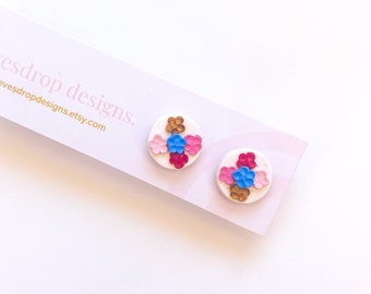 Fleur Studs - Handmade Polymer Clay Cute Colourful Pink, Blue & Red Flower Daisy Dangly Studs
