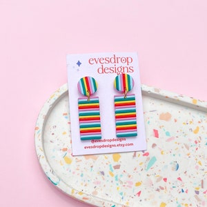 RAINBOW STRIPE EARRINGS Rectangle Handmade Polymer Clay Dangle Studs Australian Made Jewellery image 1