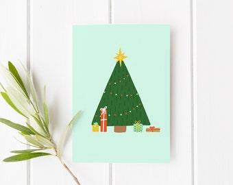 Cartão de árvore de Natal - Árvore de Natal ilustrada verde fofa e presente cartão de felicitações com envelope branco, em branco dentro