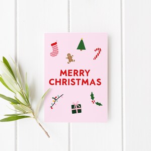 Frohe Weihnachten-Zeichnungen-Karte - Niedliche rosa und rot illustrierte Feiertags-Grußkarte mit weißem Umschlag, innen blanko