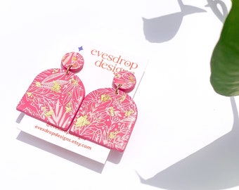 PINK PLANT EARRINGS - Pink, White & Gold Leaf/Jungle Pattern Handmade Polymer Clay Dangly Stud Earrings - Australian Made Jewellery