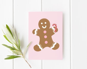 Gingerbread Man Card - Cute Pink Illustrated Holiday Christmas Greeting Card with White Envelope, Blank Inside