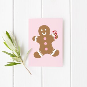 Gingerbread Man Card Cute Pink Illustrated Holiday Christmas Greeting Card with White Envelope, Blank Inside image 1