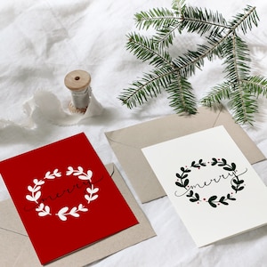 Merry Wreath Biglietto di Natale - Simpatico biglietto vuoto per le vacanze illustrato a mano rosso e bianco