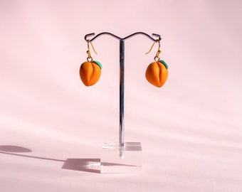 MINI PEACH EARRINGS - Handmade Polymer Clay Cute Miniature Fruit Orange French Hook Drop Earrings - Australian Made Jewellery