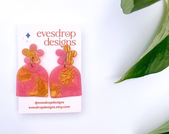 JUNGLE EARRINGS - Pink and Gold Leopard, Leaf & Flower Pattern Handmade Polymer Clay Arch Dangly Stud Earrings - Australian Made Jewellery