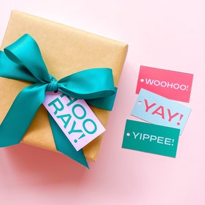 Yippee Gift Tags Fun, Bright, Colourful Celebration Birthday Greeting Tags in Yippee, Yay, Woohoo, Hooray in Pink, Lilac, Green, and Blue image 1