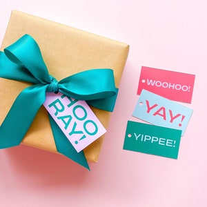 Juhu! Geschenkanhänger - Spaß, helle, bunte Feier-Geburtstags-Gruß-Anhänger in Yippee, Yay, Woohoo, Hooray in Pink, Lila, Grün und Blau