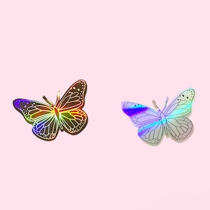 Adesivo holográfico de borboleta - lindo arco-íris ilustrado capturando adesivo prateado iridescente