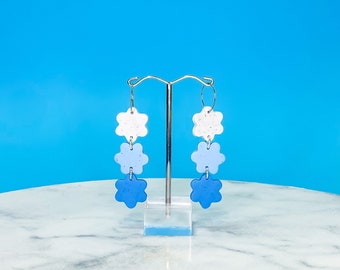 Blue Daisy Dangles - Handmade Polymer Clay Cute Pastel Blue Flower Daisy Dangly Hoop Earrings