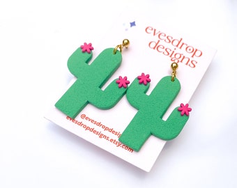 BLOOMING CACTUS EARRINGS - Handmade Polymer Clay Textured Green and Pink Flower Dangly Studs - Australian Made Jewellery