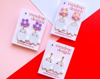 BLUSHING GHOST EARRINGS - Cute White Ghosts with Red Blush, Lilac or Pink Flower Stud - Handmade Polymer Clay - Australian Made Jewellery
