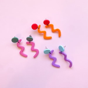 SQUIGGLE EARRINGS - Handmade Polymer Clay Abstract Pink Green, Orange Magenta, Lilac Mint Dangly Stud Earrings - Australian Made Jewellery