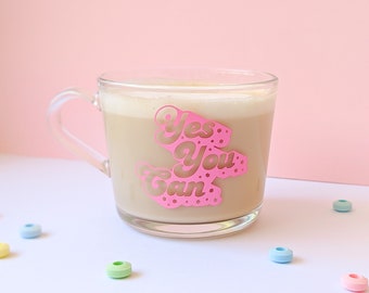 YES YOU CAN Mug in Red, Pink, Blue, Green, or Yellow - Cute Retro Flower Power Positive/Inspirational/Motivational Phrase Glass Mug