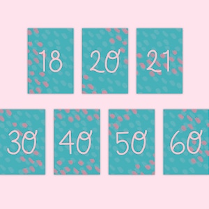 Carte d'anniversaire bleue aquarelle - 18, 20, 21, 30, 40, 50 et 60 ans, jolie carte de voeux vierge illustrée rose et bleue à motifs