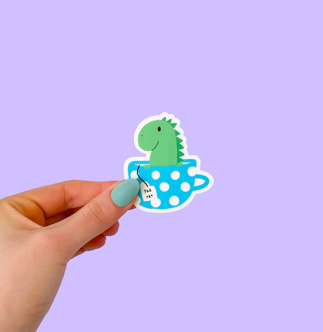 Tea Rex Sticker - Cute Illustrated Dinosaur in Teacup Pun Blue & Green ...