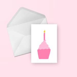 Roze Cupcake Card - schattige roze geïllustreerde viering, verjaardag, gefeliciteerd, eerste verjaardag blanco wenskaart