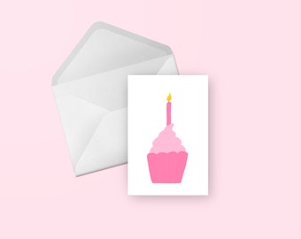 Pink Cupcake Card - Cute Pink Illustrated Celebration, Birthday, Congratulations, First Birthday Blank Greeting Card
