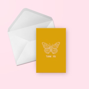 蝶のサンキューグリーティングカード - ゴールド/イエロー&ホワイトのかわいいイラスト入り手書きのサンキュー、友達、白紙のカード