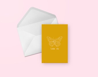 Butterfly Thank You Greeting Card - Gold/Yellow & White Cute Illustrated Hand Lettered Thank You, Friend, Blank Card