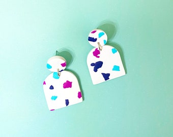 TERAZZO EARRINGS - White, Purple, Light & Dark Blue Arch Drop Stud Earrings - Handmade Polymer Clay - Australian Made Jewellery